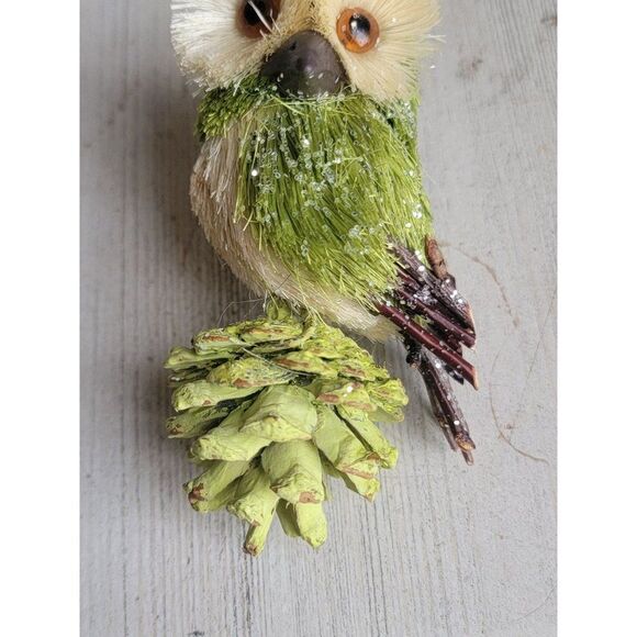Unique mini Green Owl bristle brush ornament pine cone glitter Xmas - Picture 2 of 8